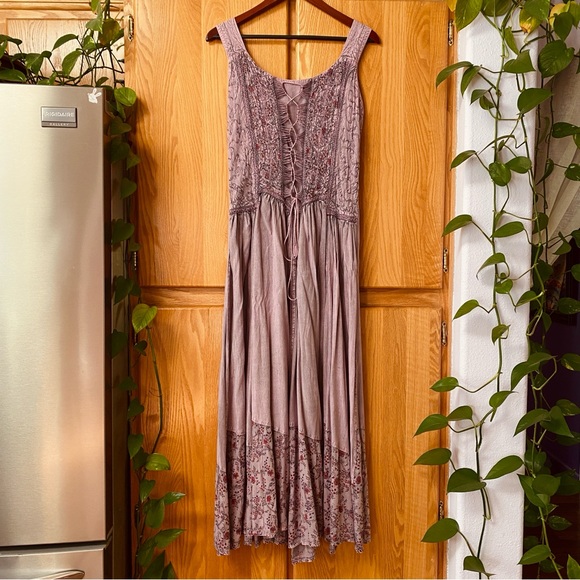 Romantic Boho Peasant Renaissance Medieval Pink Purple Embroidered Corset Dress - Picture 2 of 10